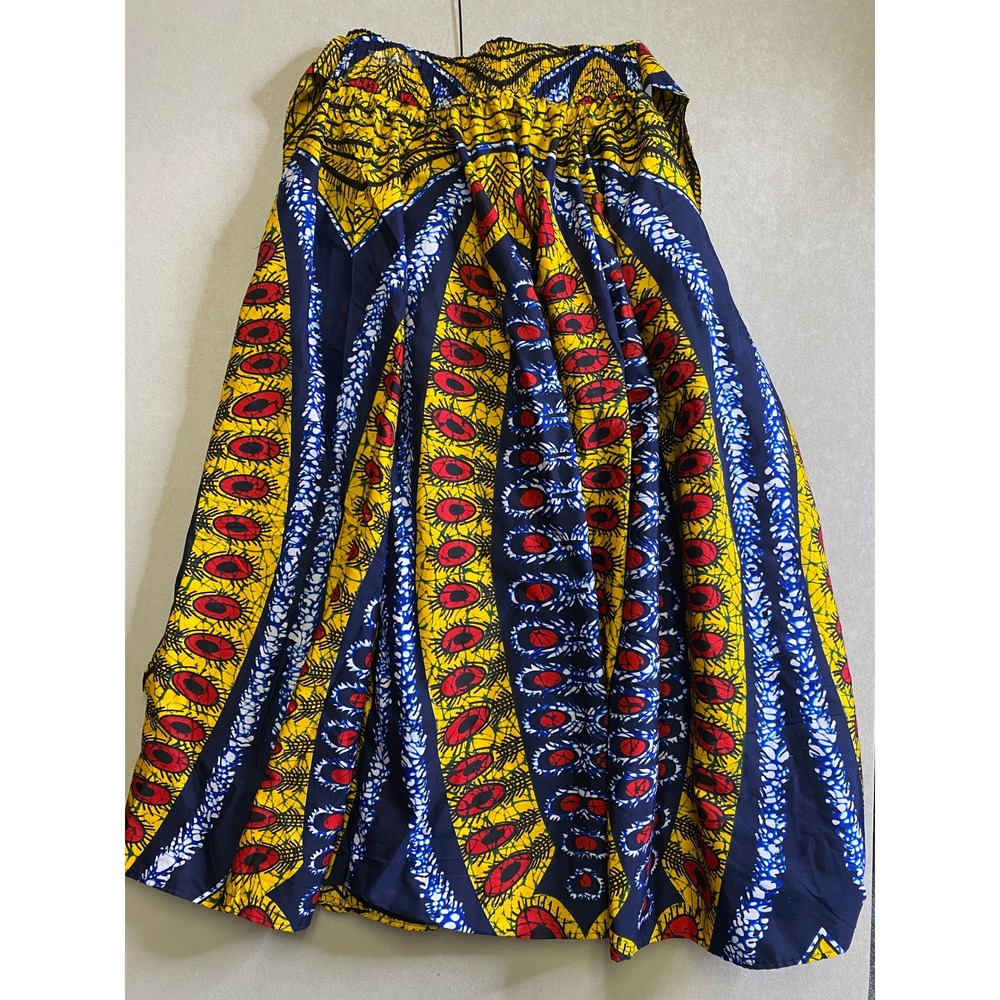 African Wax Print Maxi Skirt Yellow Navy Blue Peacock Eye Ankara Smocked Waist